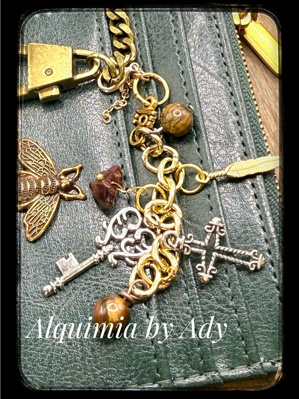 Boho bag charm necklace Tigers eye card holder keychain